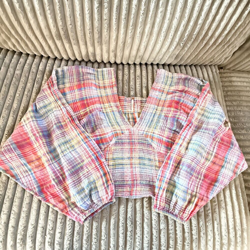 Free People Boho Cottagecore Plaid Smocked Puff Sleeve Crop Top Women’s L